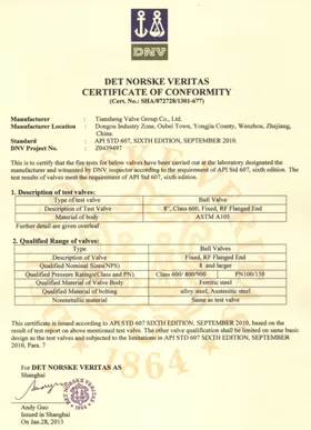 Ball Valve Fire Safe Certificate